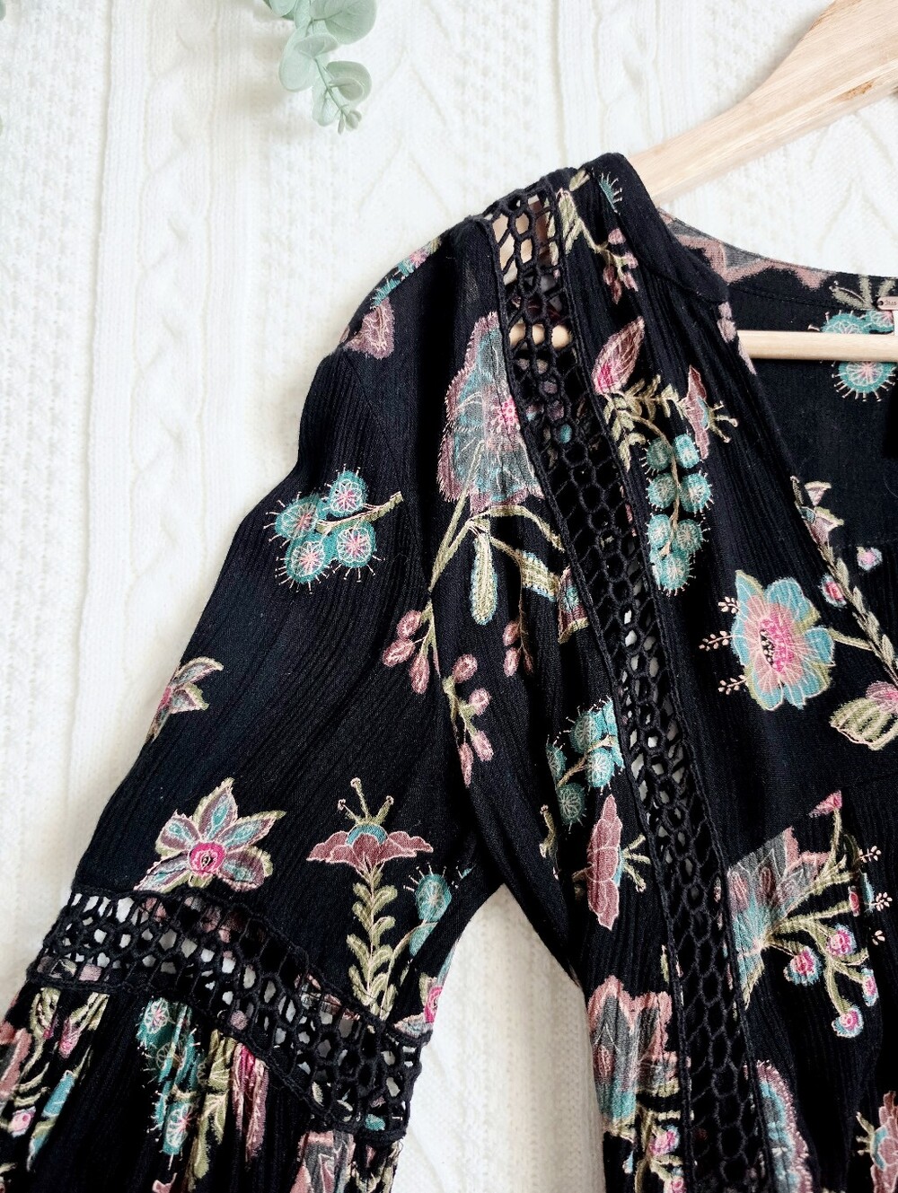 Free People Just The Two Of Us Top Tunic Dress Black Floral Botanical Women XS - Picture 5 of 16